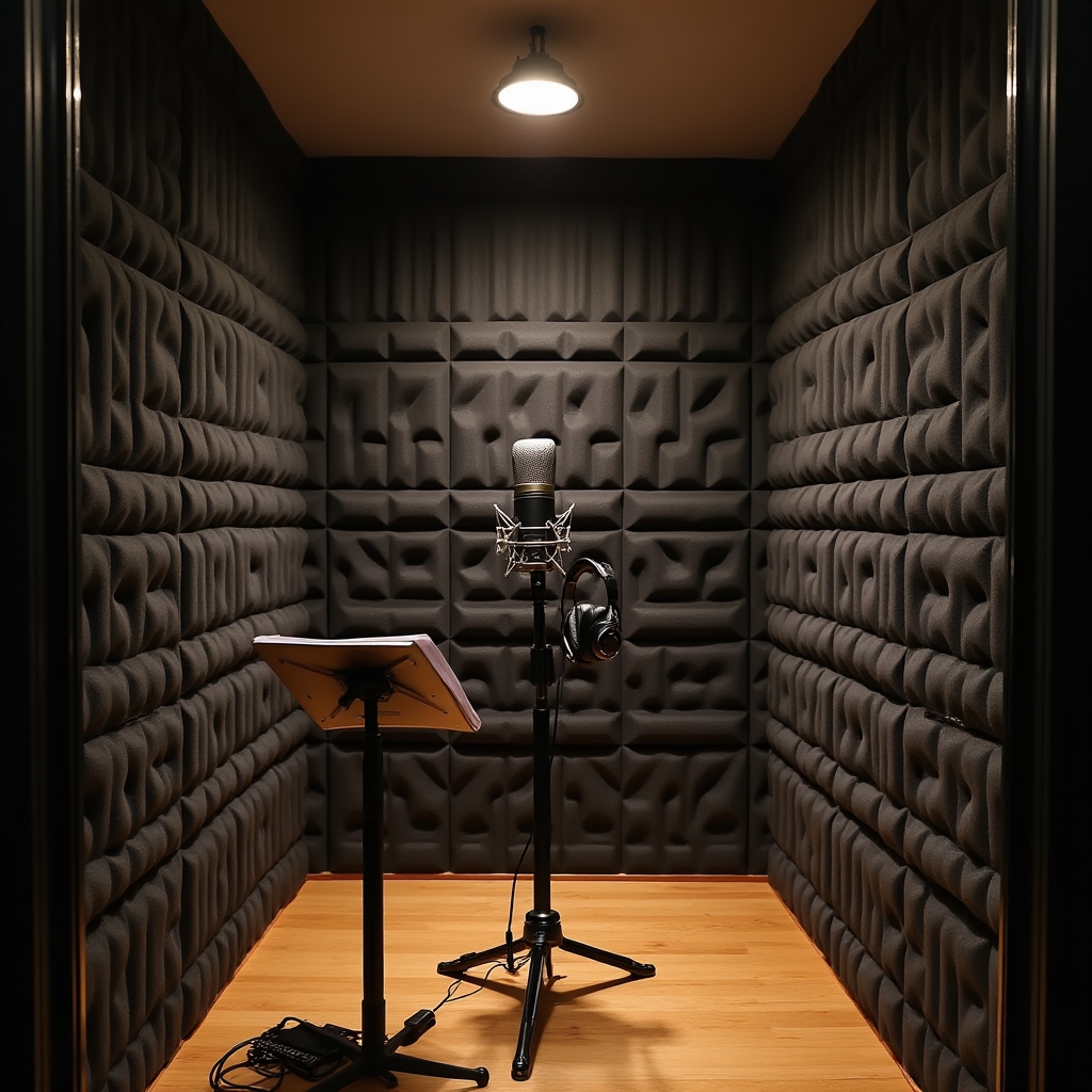 Cabina di registrazione insonorizzata con pareti acusticamente trattate e microfono professionale