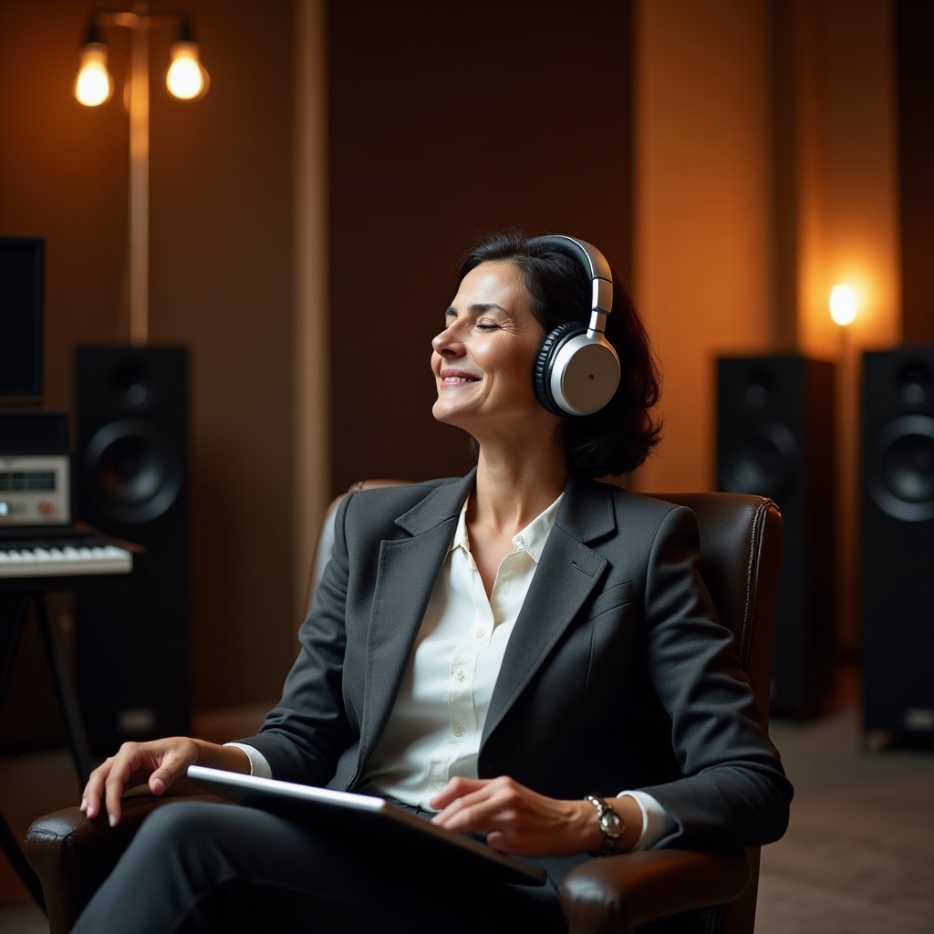 Cliente che ascolta in cuffia la registrazione audio appena completata in studio professionale