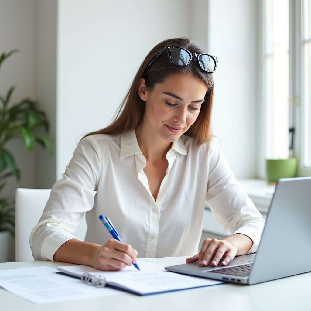 Redattore che lavora all'adattamento di un testo per registrazione voice-over su scrivania moderna