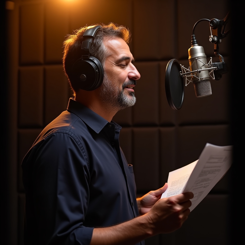 Speaker professionista in cabina di registrazione con cuffie e microfono professionale durante sessione